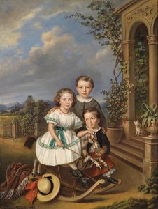 ガーデンパビリオンの前で3人の子供の肖像画 作： Elisabeth Modell
